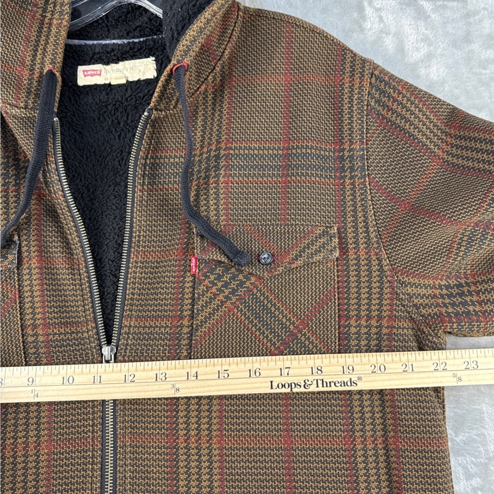 Levi's Jacket Mens Large Hooded Sherpa Lined Brown Plaid Full Zip EUC - Picture 4 of 8